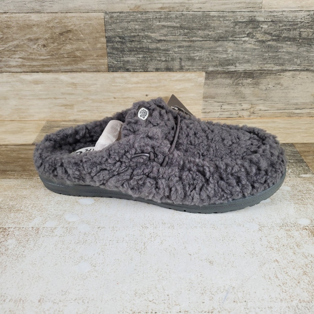 Hey Dude Wally Slipper Mens Sz 9 Granite Gray Fuzzy Faux Slip On Round Toe